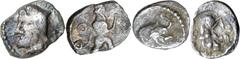 Greek Silver & Bronze Coins Samaria, (4th Century B.C.), silver hemiobol, 6mm, (0.21 g), obv. head of satrap left, wearing bashlik, rev. Persian king standing right, holding dagger), (Meshorer and Qed