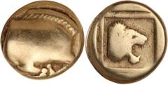 Ancient Gold Coins - Greek Lesbos, Mytilene, electrum sixth stater or hecte, (450-445 B.C.), (2.41 g), obv. forepart of boar to right, rev. Lion's head to right, within square frame, (cf.S.4243, Boden