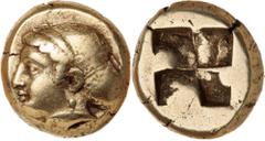 Ancient Gold Coins - Greek Ionia, Phokaia, (c.478-387 B.C.), electrum hekte, 10mm, (2.55 g), obv. head of female to left, hair in ornamented sphendone, below, [seal left], rev. quadripartite incuse sq