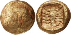 Ancient Gold Coins - Greek Caria, Mylasa, (mid 6th century B.C.), electrum 1/48 stater 5mm, (0.31 g), Milesian standard, obv. facing lion head, rev. scorpion in incuse square punch, (S.-. Weidauer 166