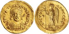 Ancient Gold Coins - Byzantine Justin I, (A.D. 518-527), gold solidus (4.36 g), Constantinople mint, 3rd officina, struck 518-519, obv. pearl-diademed, helmeted, and cuirassed bust facing slightly rig