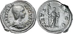 Roman Silver & Bronze Coins - Imperial Plautilla (wife of Caracalla), (c.A.D. 202-205), silver denarius, issued 203, (3.46 g), obv. draped bust of Plautilla to right, around PLAVTILLA AVGVSTA, rev. Pi