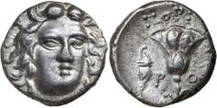 Greek Silver & Bronze Coins CARIA, Islands off, Rhodos, Rhodes, (c.205-190 B.C.), silver drachm, 14mm, (2.83 g), Gorgos magistrate, obv. Head of Helios facing slightly right, rev. rose with bud to rig