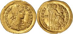 Ancient Gold Coins - Roman Honorius, (A.D. 393-423), gold solidus, Mediolanum Mint, issued A.D. 394-5, (4.38 g), obv. pearl diademed bust draped and cuirassed of Honorius to right, around D N HONORI V