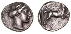 Greek Silver & Bronze Coins Thessaly, Larissa, (c.410-405 B.C.), silver drachm 19mm, (6.08 g), obv. Head of the nymph Larissa right, with hair in sphendone, dotted border LAPI above, SAIA below a hors