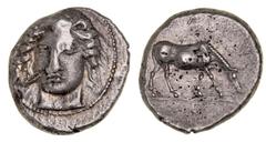 Greek Silver & Bronze Coins Thessaly, Larissa, (405/0-370 B.C.), silver drachm, (6.10 g), obv. facing head of nymph Larissa three-quarter to left, wearing tainia and necklace, border of dots, rev. hor