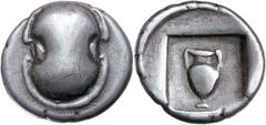 Greek Silver & Bronze Coins Boeotia, Federal Coinage, Uncertain Mint (Thebes?), Silver drachm, 304-294 B.C., (5.63 g), obv. Boeotian shield, rev. amphora within incuse square, without pellets or lette