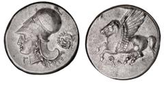 Greek Silver & Bronze Coins Corinthia, Corinth, silver stater, (350/345-306 B.C.), (8.53 g), obv. Pegasus with pointed wing flying left, Q below, rev. head of Athena to left, wearing plain Corinthian 