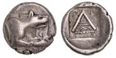 Greek Silver & Bronze Coins Peloponnesos, Argolis, Argos, silver hemidrachm, or Attic triobol, after 320's-280's B.C. (2.61 g), obv. forepart of wolf at bay to right, rev. A with P and P either side a