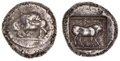 Greek Silver & Bronze Coins Lycia, Uncertain Dynast of Lycia, Kuprlli (?), silver stater (c.460-440 B.C.), (8.861 g), obv. Bull with head raised, crouching left, attacked by lion right leaping on its 