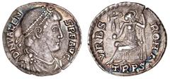 Roman Silver & Bronze Coins - Imperial Valens, (364-378), silver siliqua, Treveri Mint, issued c.367-375, (1.86 g), obv. pearl-diademed head of Valens to right, around DN VALEN S PF AVG, rev. VRBS ROM