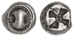 Greek Silver & Bronze Coins Boiotia, Haliartos, silver stater, (475-450 B.C.), (12.05 g), obv. Boiotian shield, rim divided into eight segments, rev. incuse square with anticlockwise mill-sail pattern