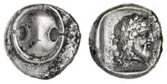 Greek Silver & Bronze Coins Boiotia, Thebes, (c.425-395 B.C.), silver stater, (12.03 g), obv. Boiotian shield, rev. bearded head of Dionysos to right, wearing ivy wreath, within incuse square, Q - [E]