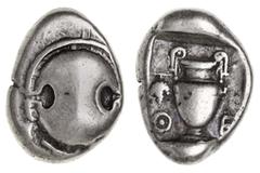 Greek Silver & Bronze Coins Boiotia, Thebes, (425-400 B.C.), silver stater, (11.81 g), obv. Boiotian shield, rev. amphora in incuse square, with grape bunch on vine to left, across field Q E either si