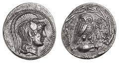 Greek Silver & Bronze Coins Attica, Athens, silver tetradrachm, (167-166 B.C. or 135-134 B.C. revised date), (16.51 g), obv. head of Athena Parthenos to right, wearing triple crested Athenian helmet, 