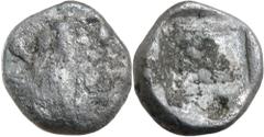 Greek Silver & Bronze Coins Island of Ionia, Samos, silver diobol, (499-495 B.C.), (1.11 g), obv. lion scalp facing, rev. an epigraphic head and neck of an ox to left, within incuse square, (S.-, Barr