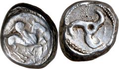 Greek Silver & Bronze Coins Lycia, Dynast of Lycia, an uncertain ruler but attributed to Khinakha, (c.500-460 B.C.), silver stater, (9.84 g), Xanthos mint?, obv. Pegasos to right on round shield, Lyci