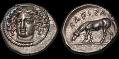 Greek THESSALY. Larissa. Circa 400-370 B.C. AR drachm. 6.07 gm. 20 mm. Head of the nymph Larissa facing slightly left / Horse grazing left; ΛΑΡIΣAI above. Lorber, Early 29.2a (this coin, illustrated o