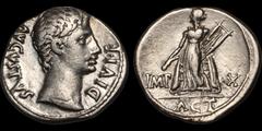 Roman Imperial Augustus. 27 B.C. - A.D. 14. AR denarius. 3.78 gm. 19 mm. Lugdunum (Lyon) mint. Struck 15 B.C. His bare head right; AVGVSTVS DIVI F / Apollo Citharoedus of Actium standing left, holding