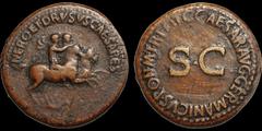 Roman Imperial Nero and Drusus Caesar (brothers of Caligula). Died A.D. 31 and 33. Æ dupondius. 17.52 gm. 29 mm. Rome mint. Struck under Gaius (Caligula), A.D. 37-38. Nero and Drusus on horseback ridi