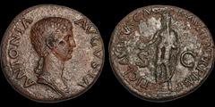 Roman Imperial Antonia Minor. Augusta, A.D. 37 and 41. Æ dupondius. 11.9 gm. 29 mm. Rome mint. Struck under Claudius, A.D. 41-42. Her draped bust right; ANTONIA AVGVSTA / Claudius, veiled and togate, 