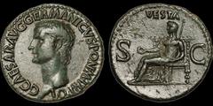 Roman Imperial Gaius (Caligula). A.D. 37-41. Æ as. 10.76 gm. 27.5 mm. Rome mint. Struck A.D. 37-38. His bare head left; C CAESAR AVG GERMANICVS PON M TR POT / Vesta seated left on ornamental throne, h