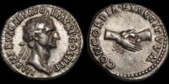 Roman Imperial Nerva. A.D. 96-98. AR denarius. 3.32 gm. 19 mm. Rome mint. Struck A.D. 96. His laureate head right; IMP NERVA CAES AVG P M TR P COS II P P / Clasped hands; CONCORDIA EXERCITVVM. RIC II 
