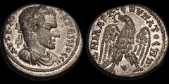 Roman Provincial SELEUCIS AND PIERIA. Laodicea ad Mare. Macrinus. A.D. 217-218. Billon tetradrachm. 12.71 gm. 27 mm. His laureate, draped, and cuirassed bust right / Eagle standing facing, head and ta
