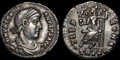 Roman Imperial Valentinian I. A.D. 364-375. AR siliqua. 1.92 gm. 18 mm. Treveri (Trier) mint. Struck A.D. 367-375. His pearl-diademed, draped and cuirassed bust right; D N VALENTINIANVS P F AVG / Roma