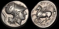 SICILY. Syracuse. Agathokles. 317-289 B.C. AR stater. 8.48 gm. 20 mm. Struck circa 317-306/5 BC. Head of Athena right, wearing Corinthian helmet decorated with griffin on bowl / Pegasos flying left; t