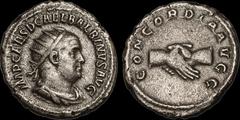 Balbinus. A.D. 238. AR antoninianus. 5.12 gm. 21 mm. Rome mint. His radiate, draped, and cuirassed bust right; IMP CAES D CAEL BALBINVS AVG / Clasped right hands; CONCORDIA AVGG. RIC IV.2 10. RSC 3. V