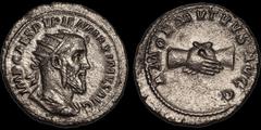 Pupienus. A.D. 238. AR antoninianus. 4.23 gm. 22 mm. Rome mint. His radiate, draped, and cuirassed bust right; IMP CAES PVPIEN MAXIMVS AVG / Clasped right hands; AMOR MVTVVS AVGG. RIC IV.2 9b. RSC 2. 