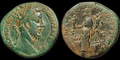 Roman Imperial Commodus. A.D. 177-192. Æ sestertius. 20.75 gm. 31 mm. Rome mint. Struck A.D. 183. His laureate head right; M COMMODVS ANTONINVS AVG PIVS / Annona standing front, head left, holding sta
