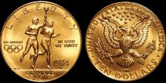US Coinage UNITED STATES. Los Angeles Olympiad. Commemorative $10 gold. 26 mm. AGW .4837. The first U.S. coin with a W mintmark-West Point. 1984. Olympic torch bearers / Eagle with wings spread. Mint 