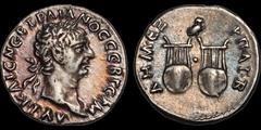 Roman Provincial LYCIA. Trajan. A.D. 98-117. AR drachm. 3.28 gm. 17 mm. Koinon of Lycia. Struck A.D. 98-99. His laureate head right; AΥT KAIC NEΡ TΡAIANOC CEB ΓEΡM / Two lyres; pellet between; above, 
