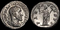 Roman Imperial Maximinus I. A.D. 235-238. AR denarius. 3.6 gm. 19 mm. Rome mint. Struck A.D. 236. His laureate draped, and cuirassed bust right; IMP MAXIMINVS PIVS AVG / Pax standing left, holding oli