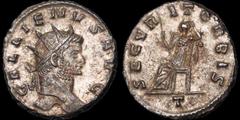 Roman Imperial Gallienus. A.D. 253-260. Silvered antoninianus. 3.43 gm. 19 mm. Rome mint. His radiate head right; GALLIENVS AVG / Securitas seated left, holding scepter; SECVRIT ORBIS around, T in exe