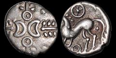 Celtic Britain CELTIC BRITAIN. East Anglian Region: Iceni. Verica. Circa A.D. 10-40. AR unit. 1.13 gm. 11.5 mm. Opposing crescents, two pellet-in-ring figures, corn ears / A stylized horse moving left