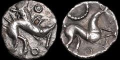 CELTIC BRITAIN. North Eastern region. Corieltauvi, uninscribed silver. AR unit. 1.22 gm. 15 mm. Boar right; small linear circle above and another below / Horse right, large pelleted circle above; smal