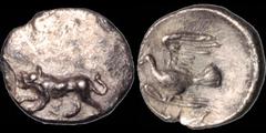 Greek PELOPONNESOS. SIKYONIA. Sikyon. Ca 431-400 B.C. AR hemiobol. .37 gm. 10 mm. Lion at bay left, Σ below / Dove flying left. BMC 35. Lustrous nearly Extremely Fine; high relief; some field marks. V