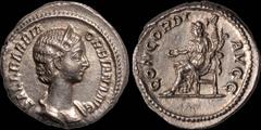 Roman Imperial Orbiana, wife of Severus Alexander. AD 222-235. AR denarius. 3.72 gm. 19 mm. Rome mint. A.D. 225. Her diademed and draped bust right; SALL BARBIA ORBIANA AVG / Concordia enthroned left,