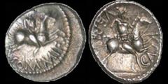 Celtic CELTIC BRITAIN. Atrebates and Regni. Verica. Circa A.D. 10-40. AR unit. 1.30 gm. 13 mm. Horseman with shield riding right, COMMI F below / Horseman carrying spear riding left, VERI to upper lef