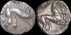 Celtic CELTIC BRITAIN. Corieltauvi. Uninscribed. Circa 50-20 B.C. AR unit. 1.33 gm. 14 mm. Uninscribed boar/horse type II. Simplified boar right, ring of pellets above, pellet behind, annulet below / 