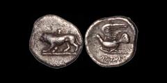 Greek PELOPONESSOS. SIKYONIA. Sikyon. Ca 431-400 BC. AR hemiobol. .39 gm. 9.5 mm. Lion at bay left on ground line; Σ above / Dove flying left; fillet below. BCD Peloponnesos -; SNG Copenhagen 44 var. 