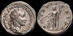 Roman Imperial Gordian III. A.D. 238-244. AR antoninianus. 4.69 gm. 21 mm. Rome mint. Struck A.D. 239. His radiate, draped, and cuirassed bust right; IMP CAES M ANT GORDIANVS AVG / Jupiter standing fa