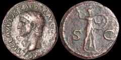 Roman Imperial Claudius. A.D. 41-54. Æ as. 9.87 gm. 28 mm. Rome mint. Struck circa A.D. 41-50. His bare head left; TI CLAVDIVS CAESAR AVG P M TR P IMP around / Minerva helmeted and draped advancing ri