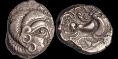 Celtic CELTIC BRITAIN. Gallo-Belgic Issues. Armorican. Channel Islands. Circa 75-50 B.C. AR stater. 6.31 gm. 17 mm. Stylized head right / Celticized horse right, boar below. S. 15. Good Very Fine; wel