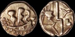 Celtic CELTIC BRITAIN. Belgae. AV quarter stater. 1.44 gm. 12 mm. Stylized boat with two standing figures aboard / Thunderbolt, abstract figures. ABC 767. S. 46. Good Very Fine; fresh, good quality me