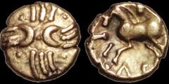 Celtic CELTIC BRITAIN. North Thames. Catuvellauni. Tasciovanos. Ca 25 B.C. - A..D. 10. AV quarter stater. 1.34 gm. 11 mm. Curved crossed wreaths, a small pellet in each of the four angles / Horse left