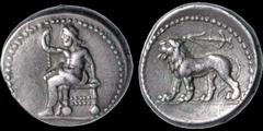 Greek SYRIA, SELEUKID KINGS. Seleukos I Nikator. 312-280 B.C. AR Stater - Double Shekel, Ba'al. Lion type. 16.11 gm. 23 mm. Bablyon, "Satrapal" workshop ca 311- 305 B.C. Ba'al seated left, on a throne